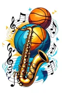 basketball and saxophone surrounded my music notes tattoo design idea
