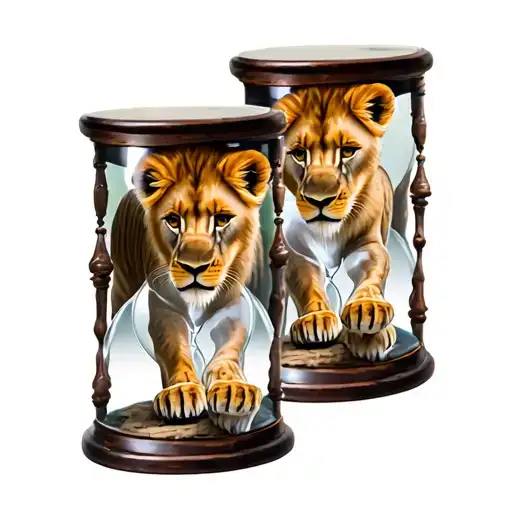 hourglass with 2 lion cubs walking tattoo design idea