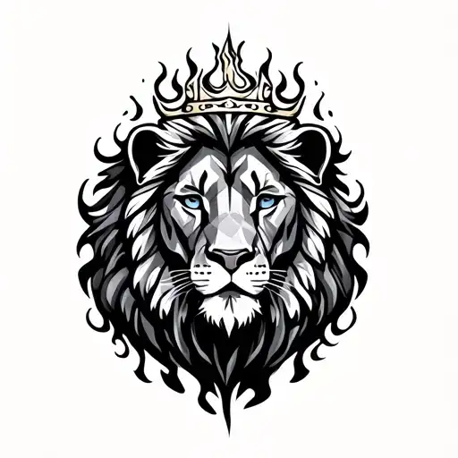 a LION with a crown and mainw made of fire flames tattoo design idea