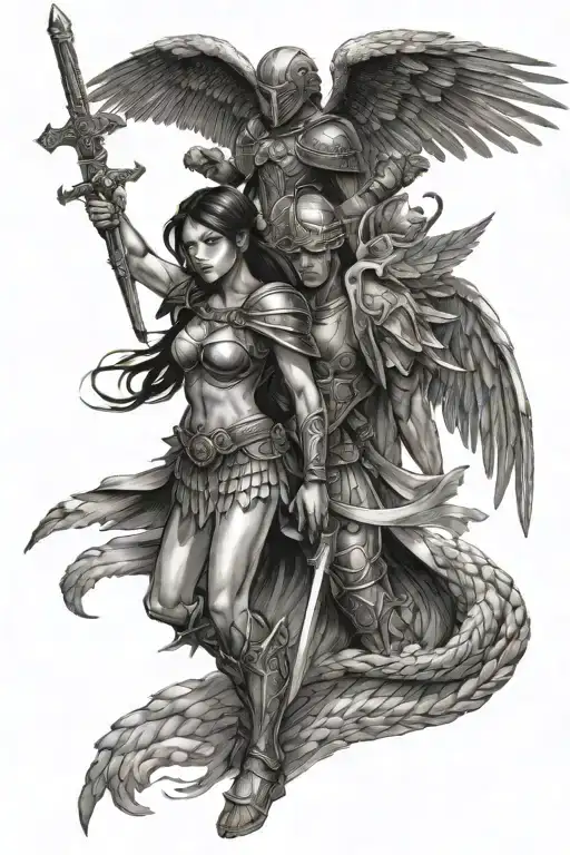 winged warrior wo,an in protective pose with winged teenage girl  tattoo design idea