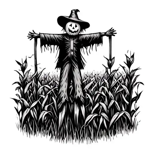 creepy scarecrow on a pole with a jack o lantern head in a cornfield  tattoo design idea