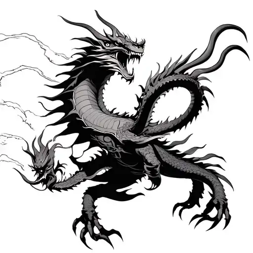 Japanese Demon with five claw dragon flying tattoo design idea