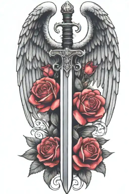 angel wings behind a sword, roses tattoo design idea