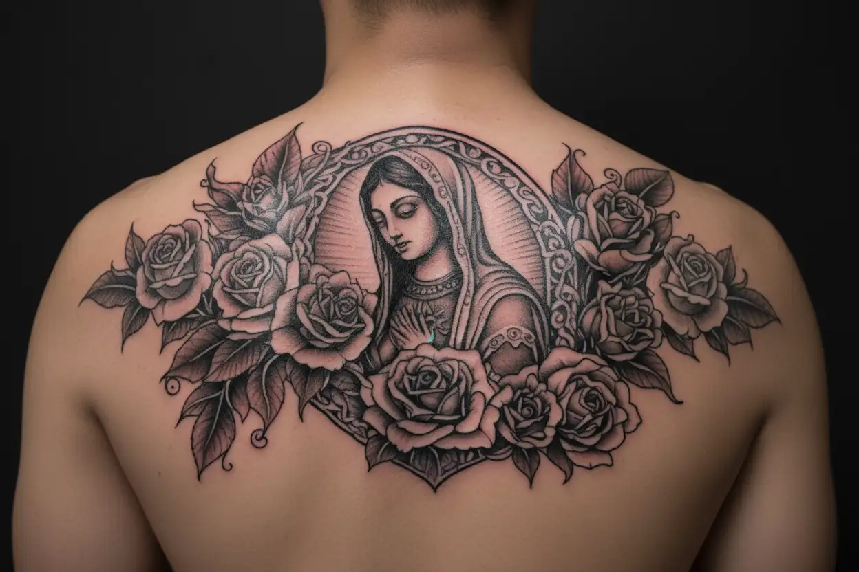 Guadalupe with roses around it tattoo design idea