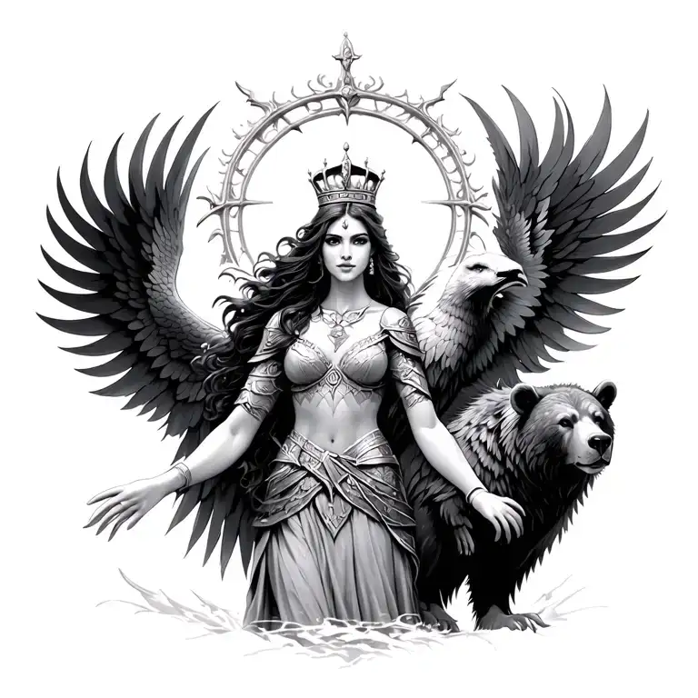 warrior woman, a flying phoenix, a princess wearing a crown and a bear.  standing at the gates of heaven tattoo design idea