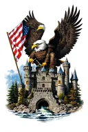 bald eagle, flag, army engineer castle surrounded tattoo design idea