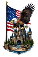 bald eagle, flag, army engineer castle surrounded tattoo design idea