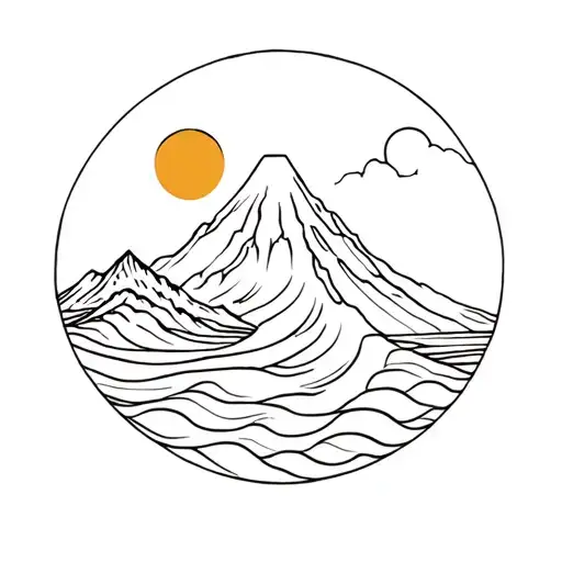 On the same mountain line, a volcano a wave and above a sun tattoo design idea