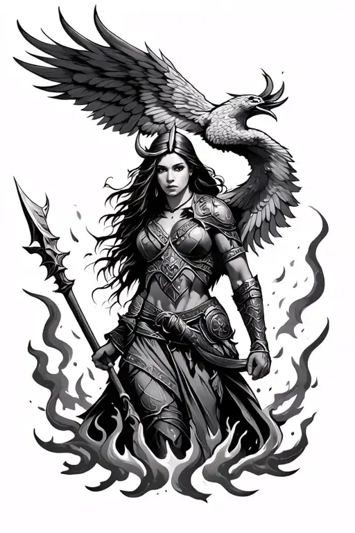 Female Viking warrior, Phoenix rising from ashes symbolizing overcoming PTSD tattoo design idea
