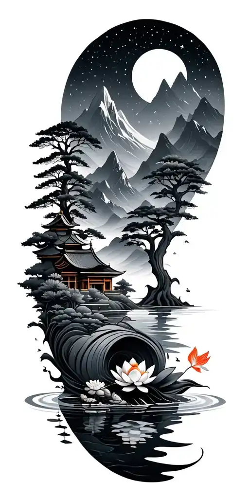 Black-grey mandala with water,mountains,tree,tiny temple,starry sky,mandala,lotus, small koi tattoo design idea