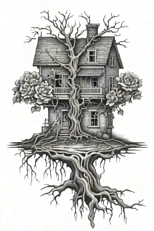 abandoned house, tree roots, roses tattoo design idea