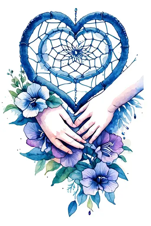mothers hand holding two baby hands inside love heart. marigold and gladiolus flowers. dream catcher  tattoo design idea