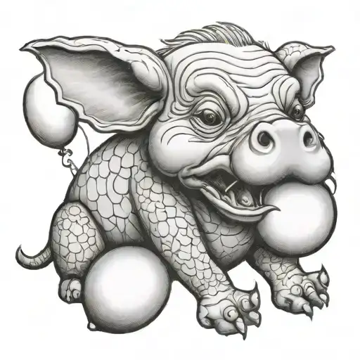 small mopey hippowith a slightly deflated balloon between its teeth, that also has grandma accessories tattoo design idea