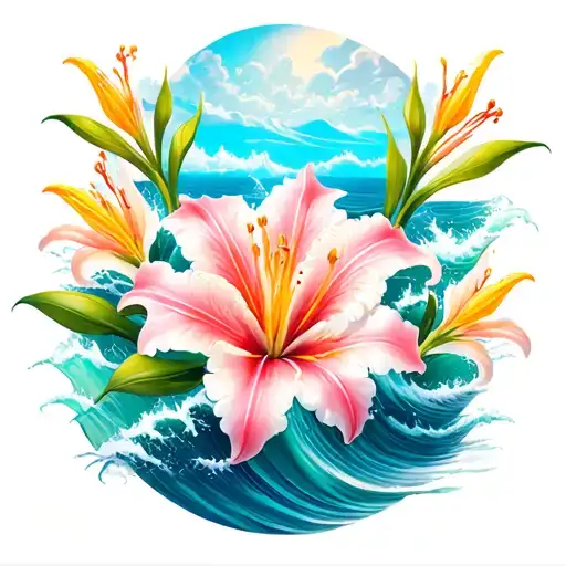 Easter lili flowers surrounded by ocean waves tattoo design idea