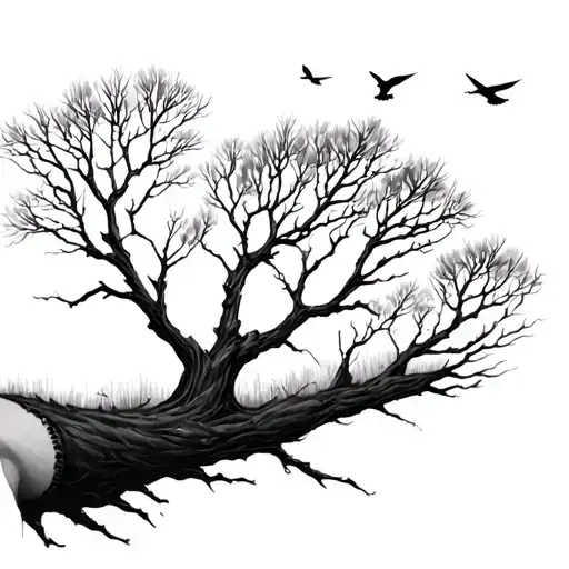 A black and white tattoo design of bare trees on a forearm, with birds flying above. The shading starts dark at the bott tattoo design idea