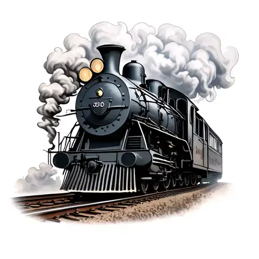 1800s black and grey locomotive on the tracks smoking  tattoo design idea