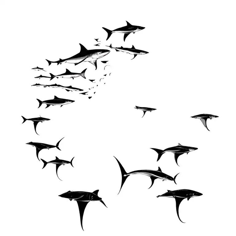 spine tatto with sharks and manta rays swimming up back small fine line tattoo design idea