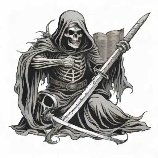 Grim reaper stabbing a sword through a nunes head and the bible she is holding tattoo design idea