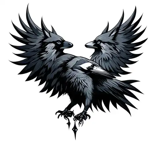 line work raven and wolf tattoo design idea