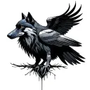 line work raven and wolf tattoo design idea