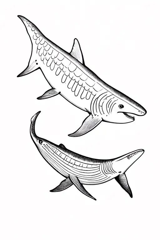 minimal line fine line outline of a whale shark and a hammerhead swimming like a young yang tattoo design idea