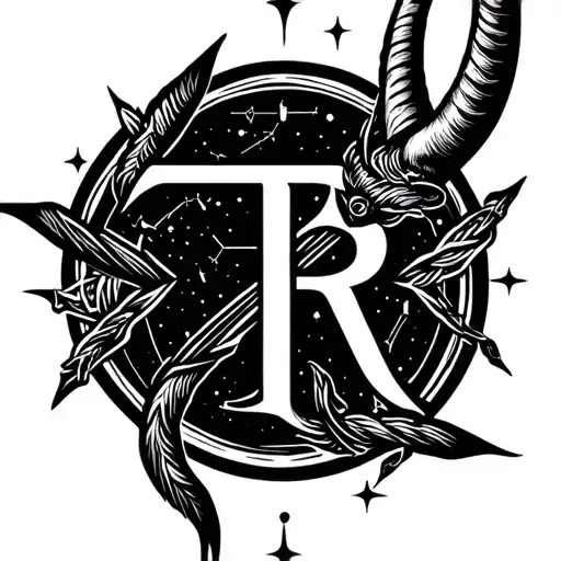 Sagittarius bow intertwined with the letters T and R with capricorn constellation as background  tattoo design idea