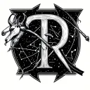 Sagittarius bow intertwined with the letters T and R with capricorn constellation as background  tattoo design idea