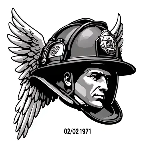 Firefighter helmet with Angel Wings with date 02/02/1971 tattoo design idea