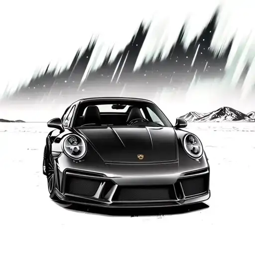 porsche 911 turbo + northern lights + emblème porsche tattoo design idea