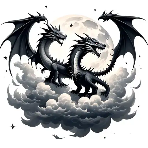 two dragons in the moonlight with clouds and stars tattoo design idea