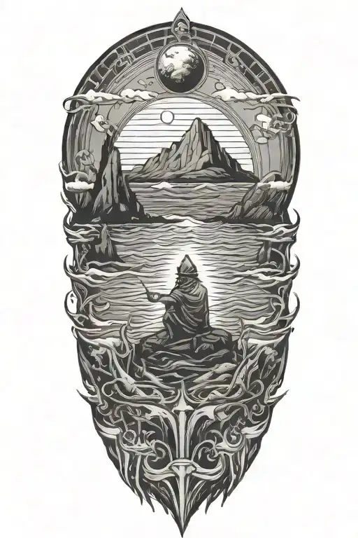 A lone hermit, wandering by the ocean, looking out at sea tattoo design idea