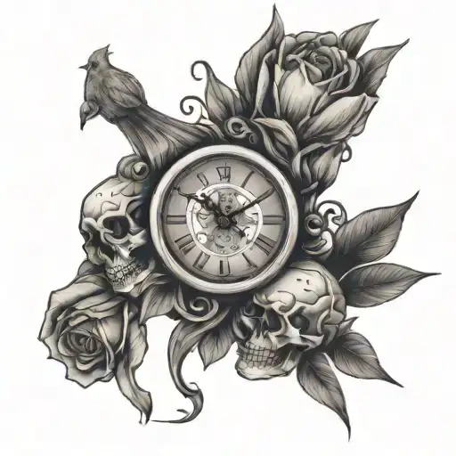 arm sleeve doves clock skull hand holding a bouquet tattoo design idea