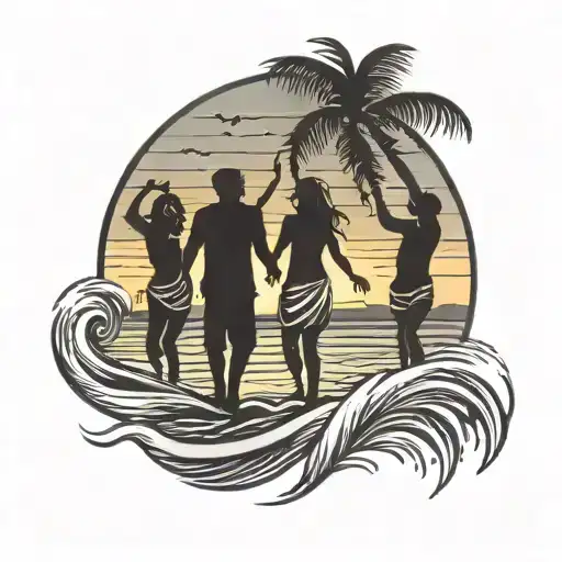 A tattoo design of a beach party with silhouettes of people dancing and enjoying good vibes, with a sunset backdrop tattoo design idea