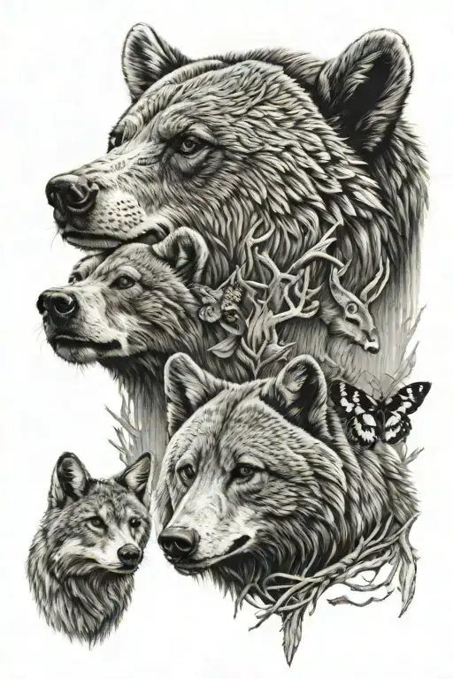 Totem pole of a grizzly bear, wolf, raccoon, fox, buck deer, doe deer with butterfly on its nose, and a robin tattoo design idea