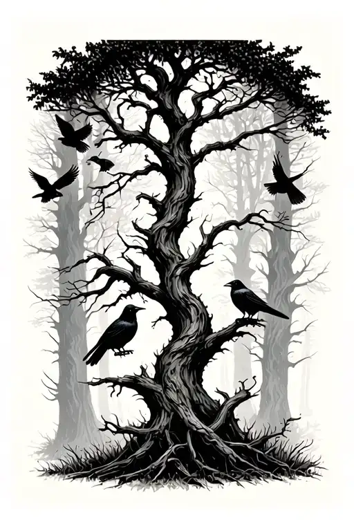 Silhouetted Forest: Twisted, leafless trees stretching upward, with ravens perched on branches and a few in flight. tattoo design idea