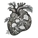organ heart aorta arteries shaped with sea shells corals waves grapes tree vines roots  tattoo design idea