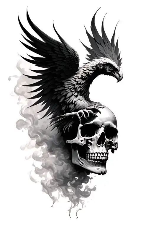 phoenix rising out of a human skull turned slighly to the side with a smokey background tattoo design idea