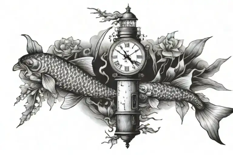 Koi, clock, lighthouse with anchor tattoo design idea