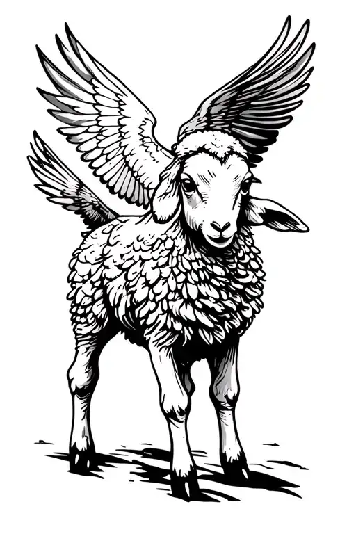 a lamb standing with a fierce look below a dove spreadng its wings tattoo design idea