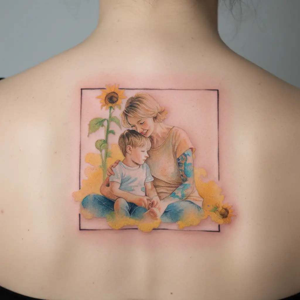 A mother sits next to her son, who is on the autism spectrum. In the background, a painting of sunflowers, evoking the w tattoo design idea