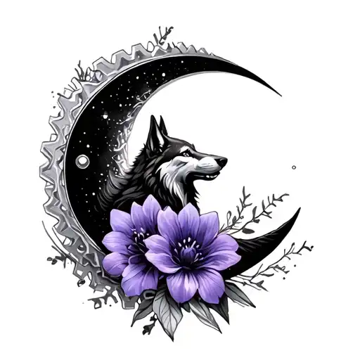 waxing crescent moon, gears, violet flower, howling wolf tattoo design idea