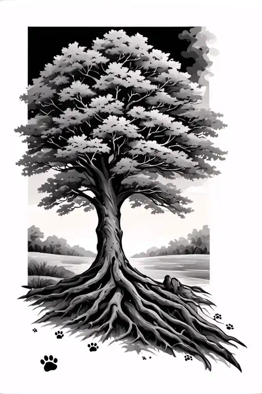 pet memorial tree with paw prints leading tattoo design idea