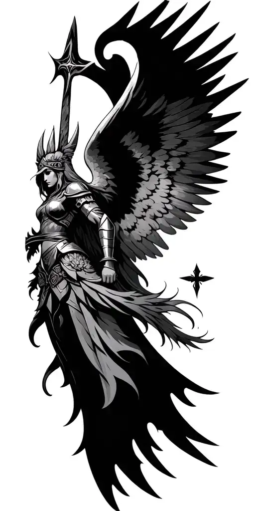 Meaningful warrior angel, Norse Valkyrie, clouds, rays, floral, Norse cross tattoo design idea