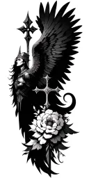 Meaningful warrior angel, Norse Valkyrie, clouds, rays, floral, Norse cross tattoo design idea