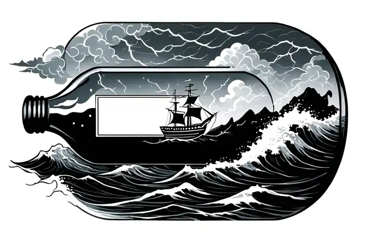 a raging stormy sea, clouds and lightening, with a tiny ship, inside a bottle with a blank tag tattoo design idea