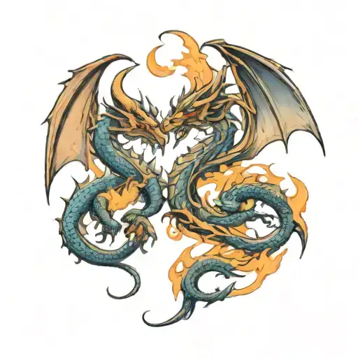 A fire whos embers split off and turn into 2 dragons tattoo design idea