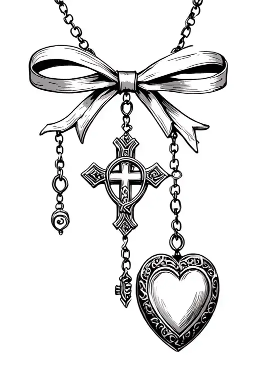rosary with bow and heart locket  tattoo design idea