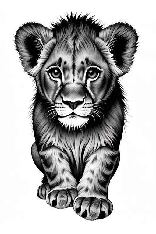 “Minimalist tattoo design of a baby lion cub with a calm, serene face. Fine line, black and grey, clean details, soft sh tattoo design idea