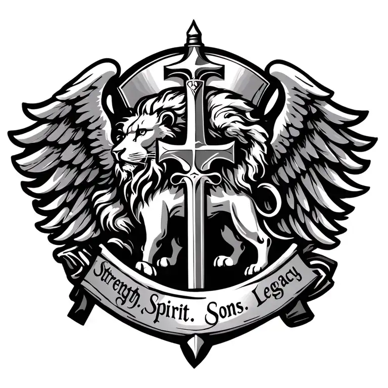 "lion crest tattoo with wings, sword, cross, and text: Strength. Spirit. Sons. Legacy" behind should be a blueprint tattoo design idea