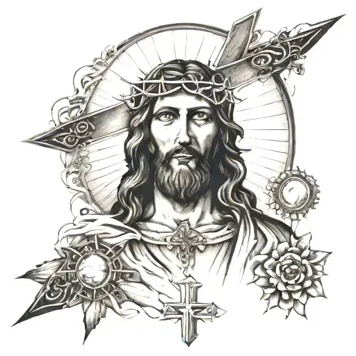 Sun with jesus under holding out his arms and a cross under hime  tattoo design idea